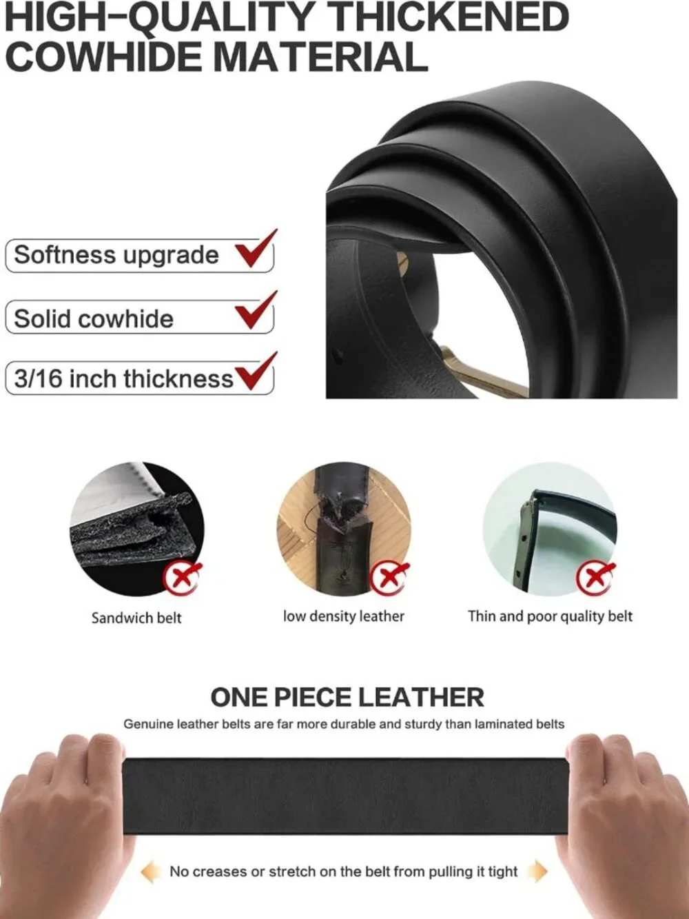 Thick Full Grain Leather Work Belt for Men | Heavy Duty, Durable Buckle, Gift